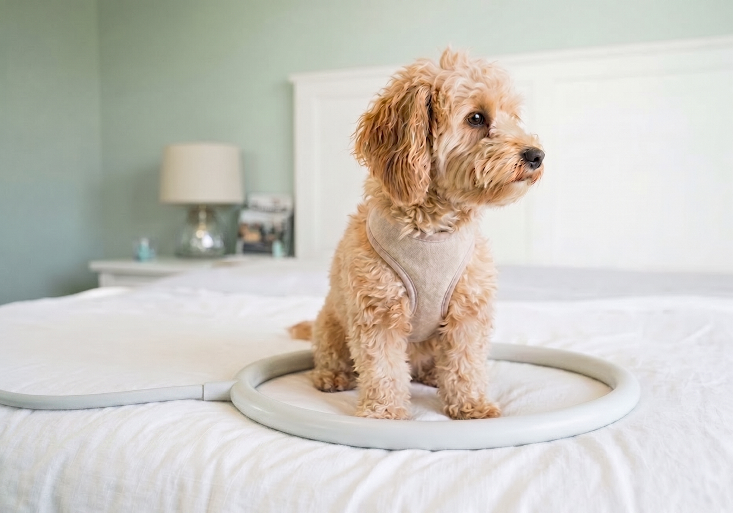 A tan, curly-haired dog sitting inside a MagnaWave PEMF loop during a session on a white bed in a bedroom, looking to the right.
