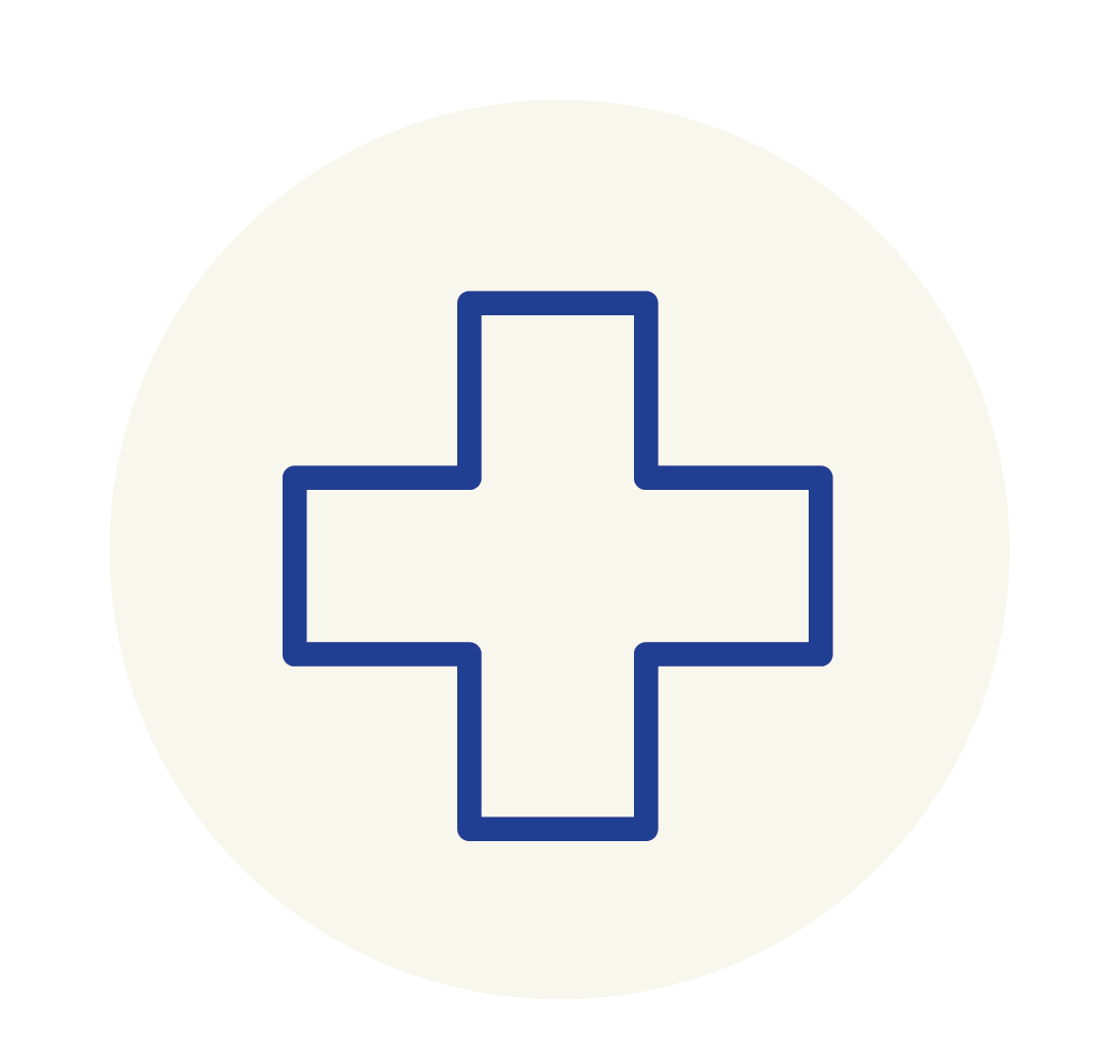Medical cross icon outlined in blue on a light background.