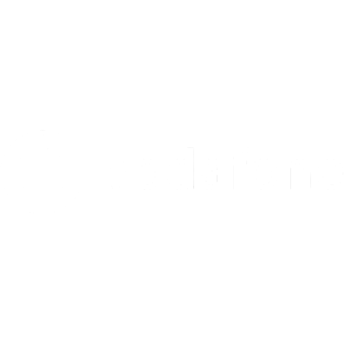 Logo Vodafone in bianco su sfondo nero.