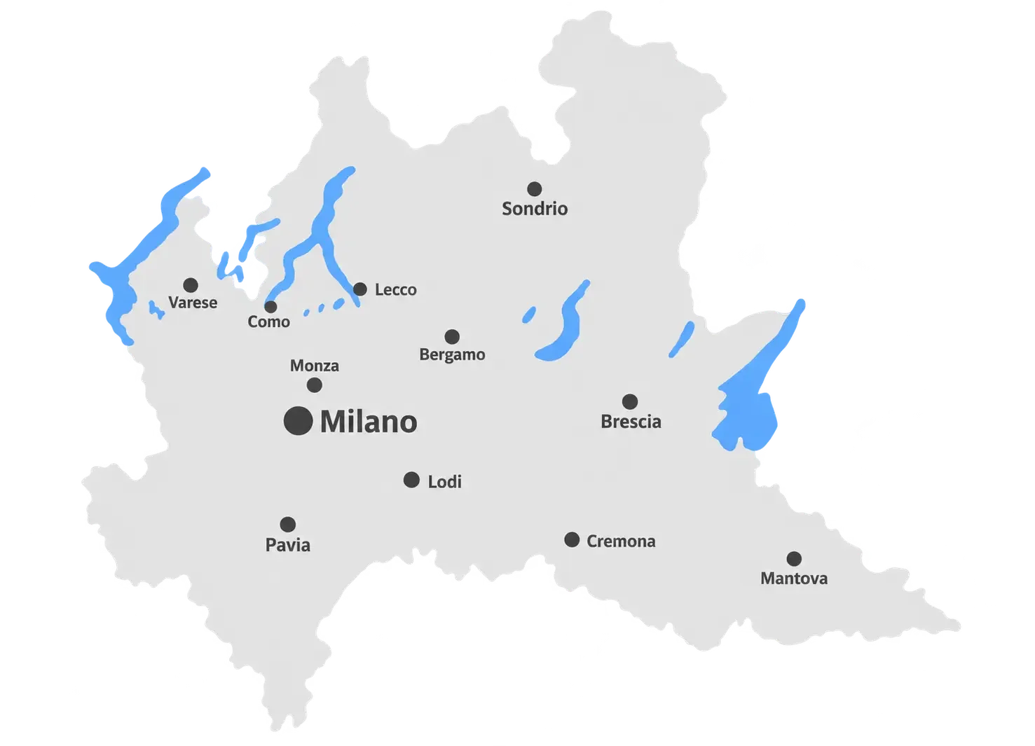 Mappa della Lombardia con le province servite da Bright Side Services