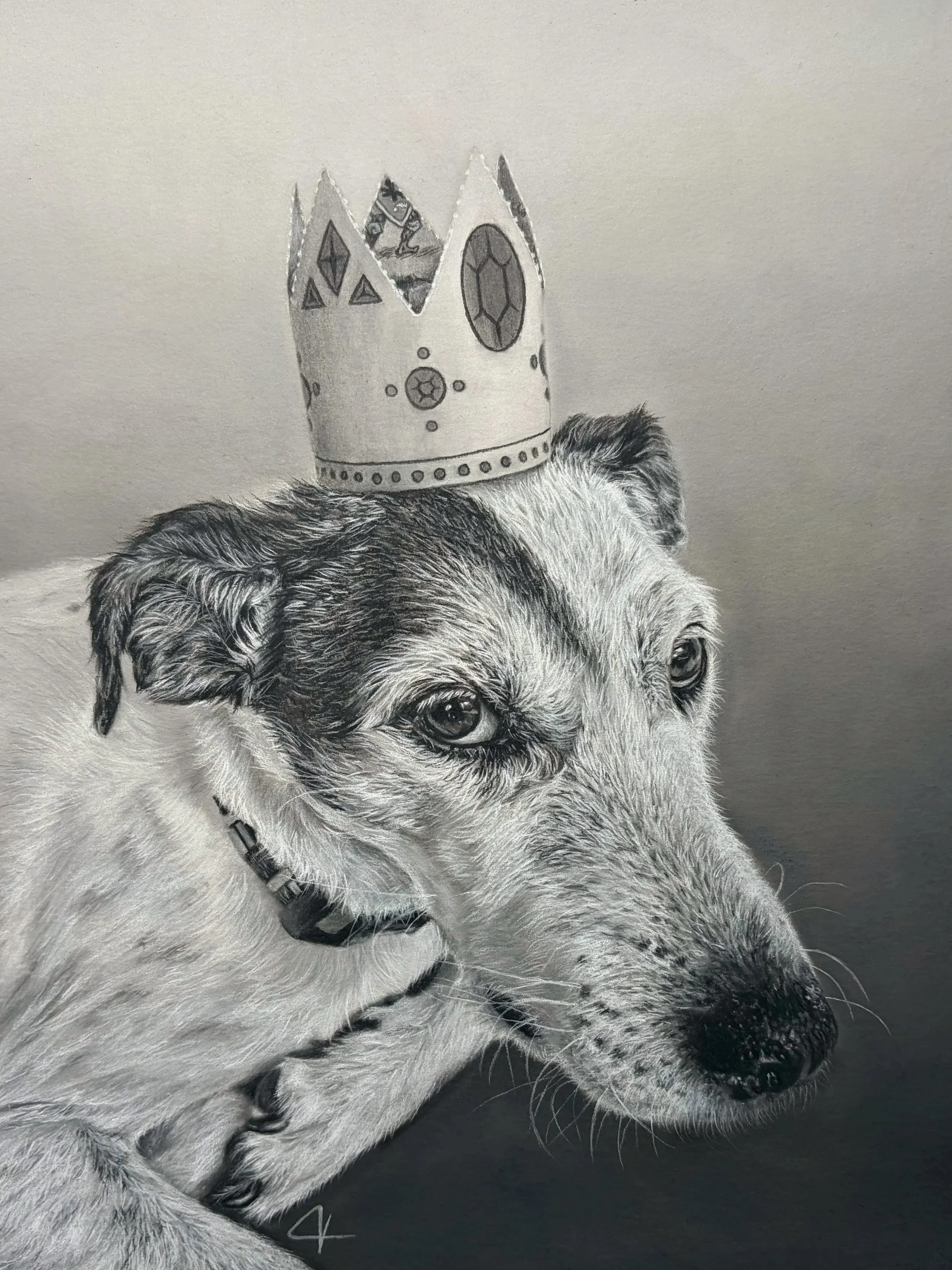 Charcoal drawing of dog wearing crown.