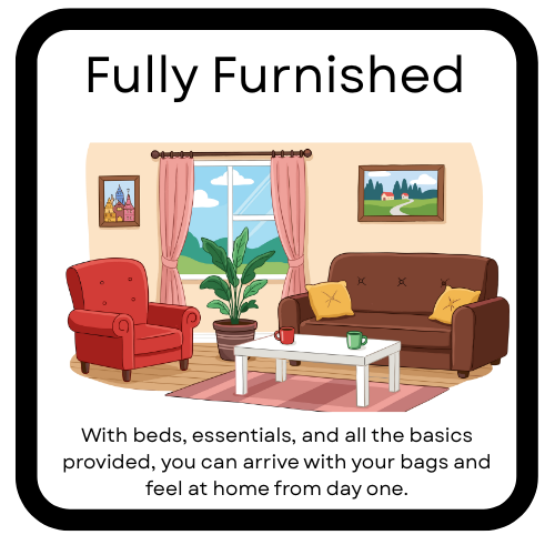 Living room with red armchair, brown sofa with yellow pillows, white coffee table with two mugs, pink curtains, a large houseplant, two framed landscape pictures, beige walls, and a window showing blue sky and green trees.