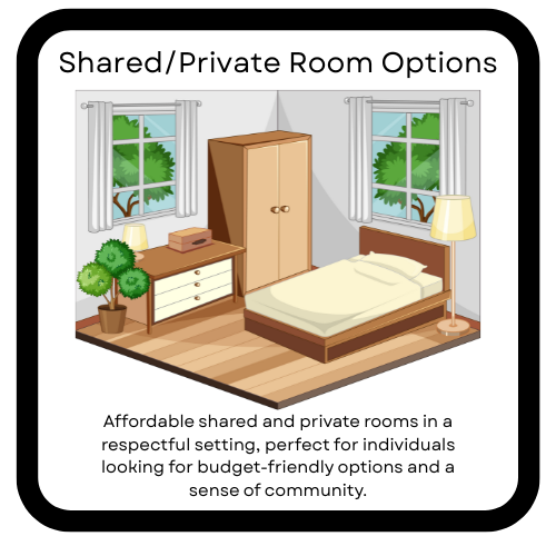 A cozy bedroom with a bed, two windows with white curtains showing green trees outside, a wooden wardrobe, a dresser with a potted plant and a box, and a floor lamp, all on a wooden floor.