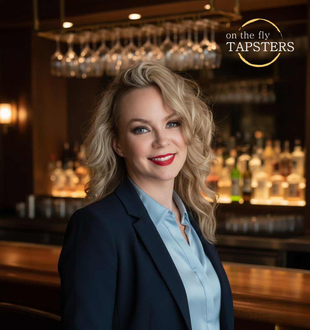 A smiling woman with blonde curly hair, wearing a dark blazer and light blue shirt, standing in front of a bar with hanging wine glasses and liquor bottles, in a dimly lit restaurant or bar setting.