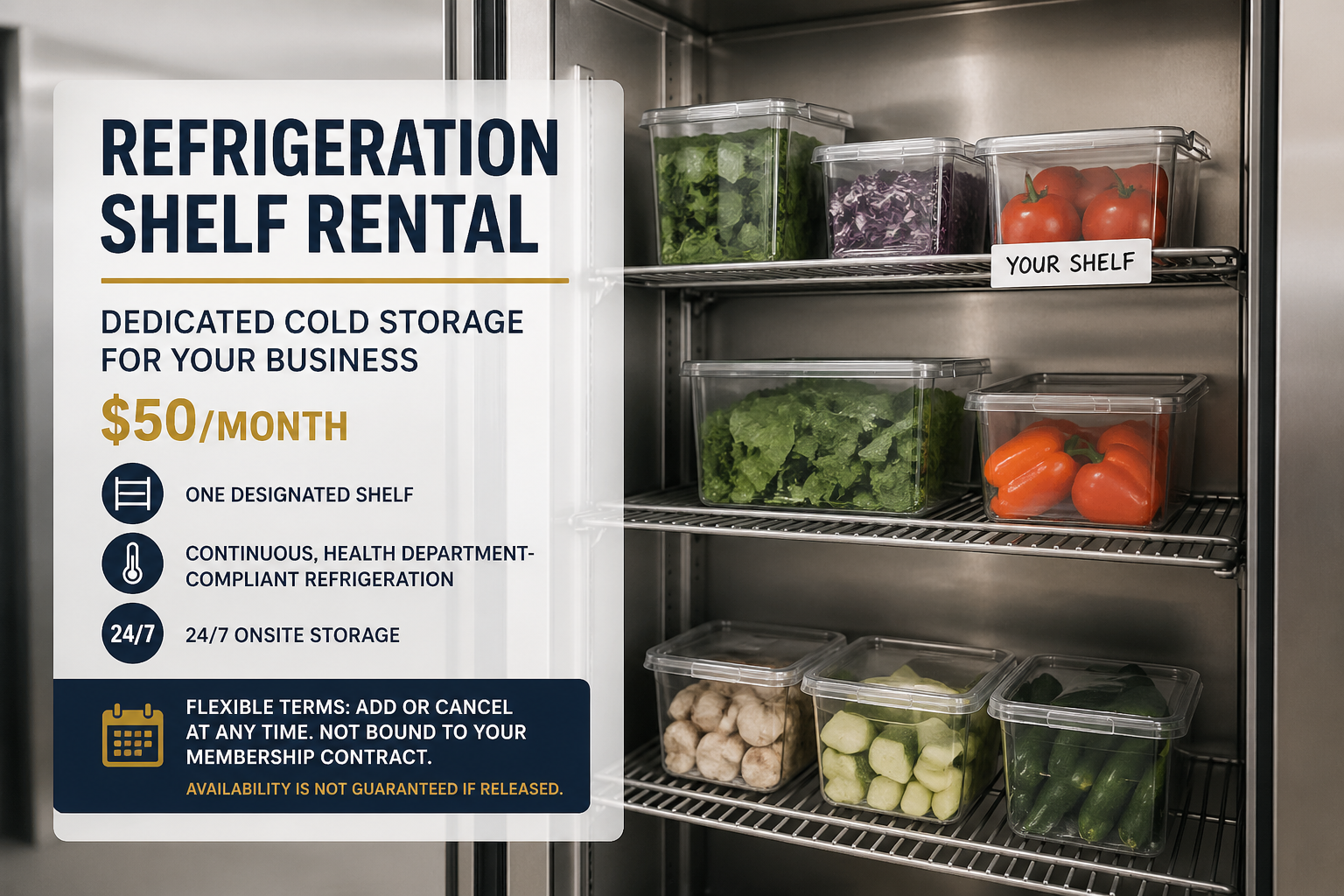 Commercial kitchen refrigerator with labeled containers of fresh produce and signage promoting refrigeration shelf rental for $50 per month with dedicated cold storage.