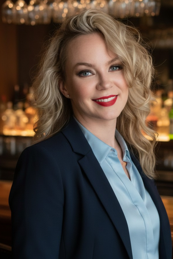 A young woman with blonde curly hair, wearing a navy blue blazer and a light blue shirt, smiling with red lipstick, in a bar or restaurant setting.