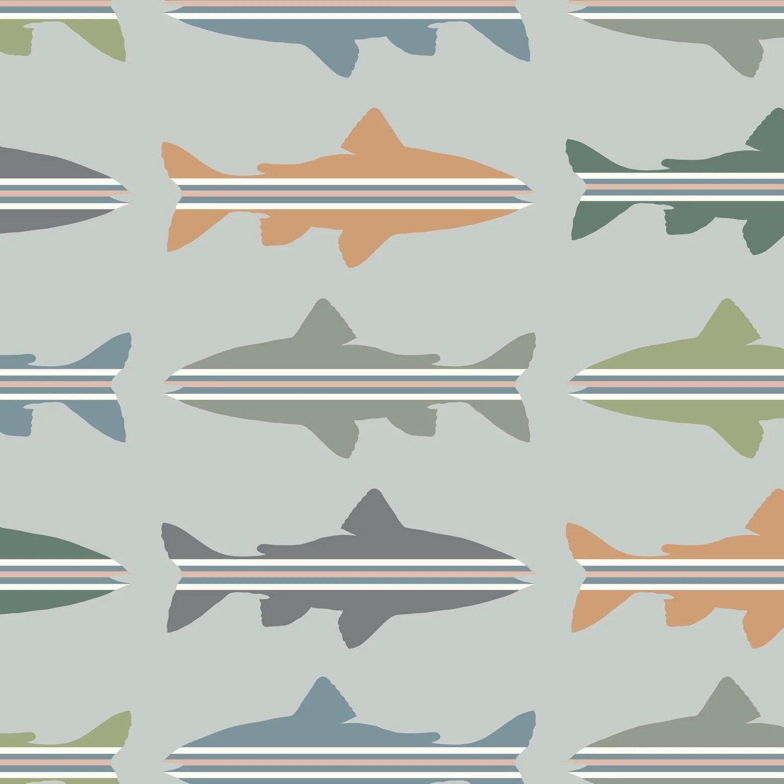 Pattern of multicolored fish silhouettes on a light gray background.