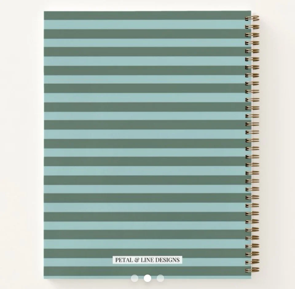 A spiral notebook with horizontal teal and light blue stripes.