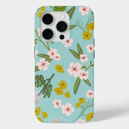 Phone case with a blue background, decorated with pink cherry blossoms, yellow flowers, and green leaves.