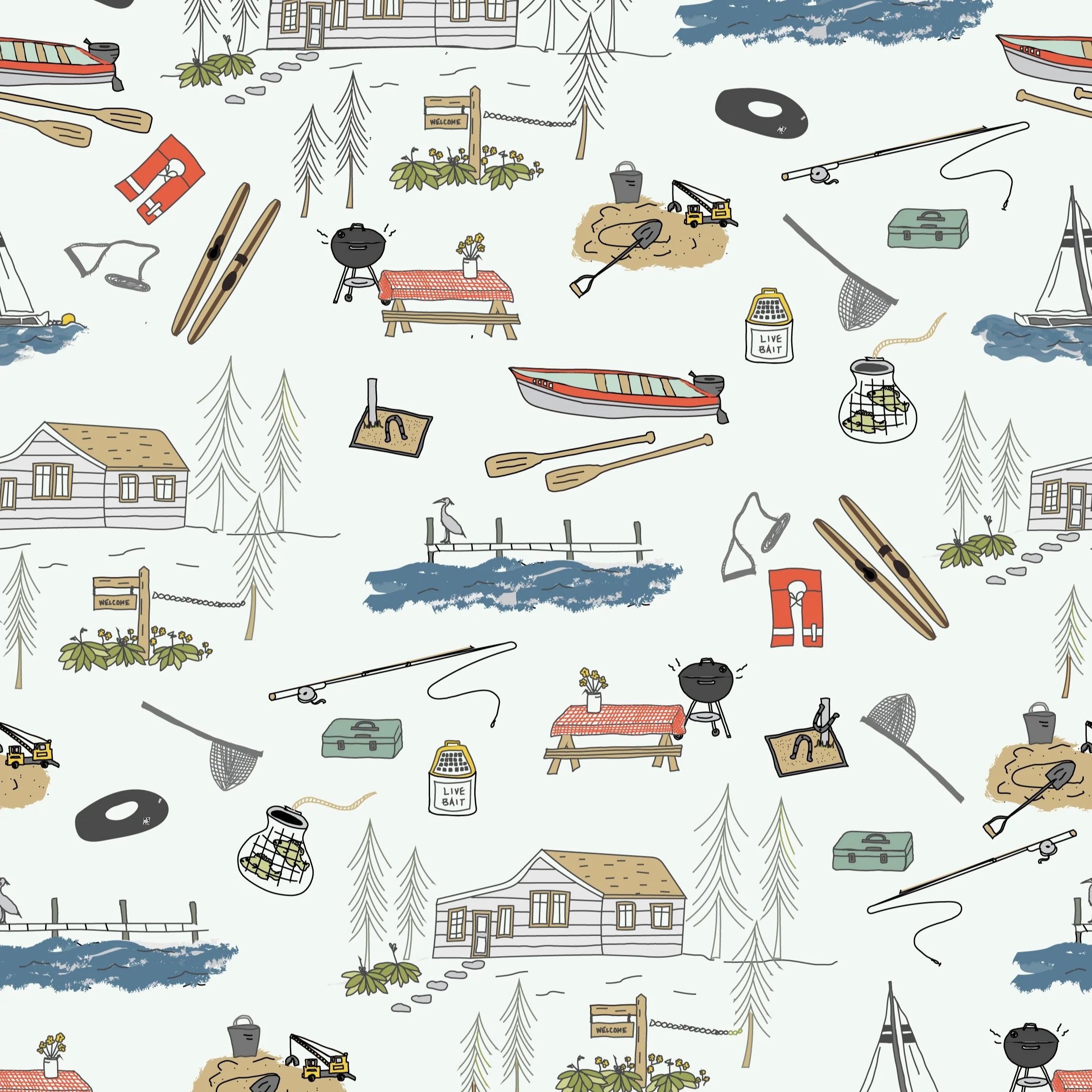Pattern with outdoor summer and fishing scenes including boats, fishing rods, picnic tables, a barbecue grill, trees, houses, life jackets, a tire, and various fishing gear.