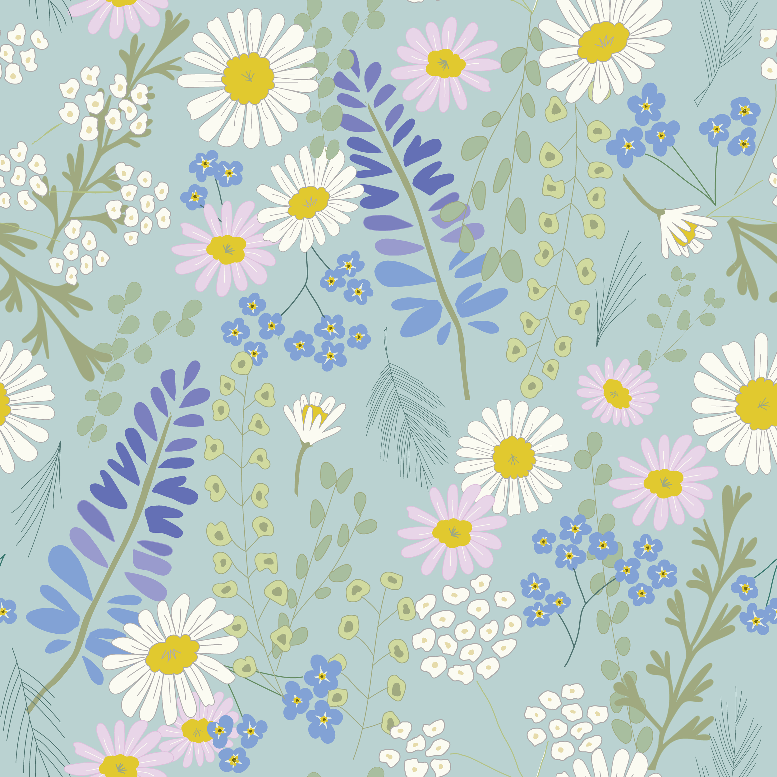 Pattern of various illustrated flowers and leaves in pastel colors on a light background.