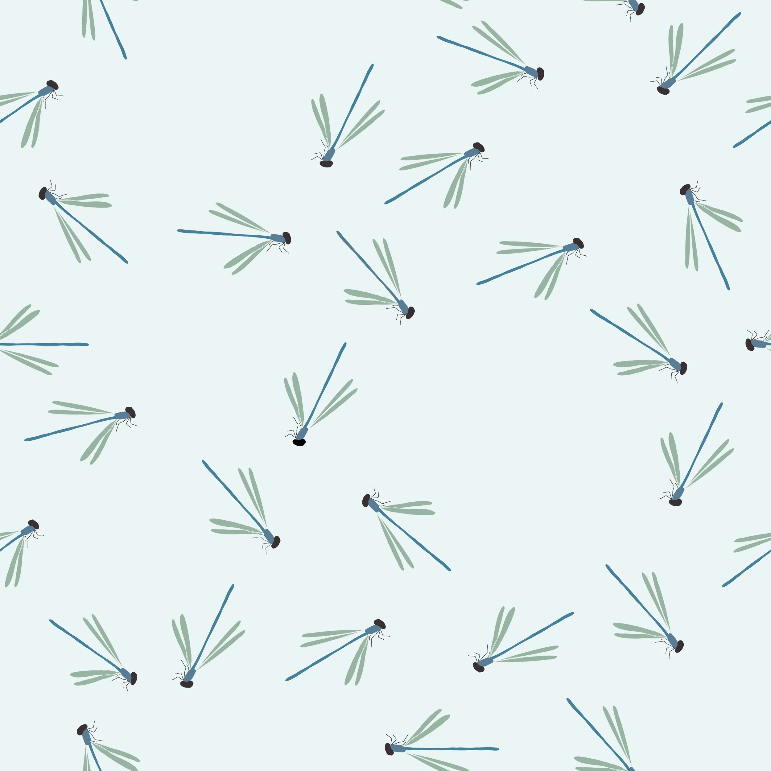 A seamless pattern of green and blue dragonflies on a light background.