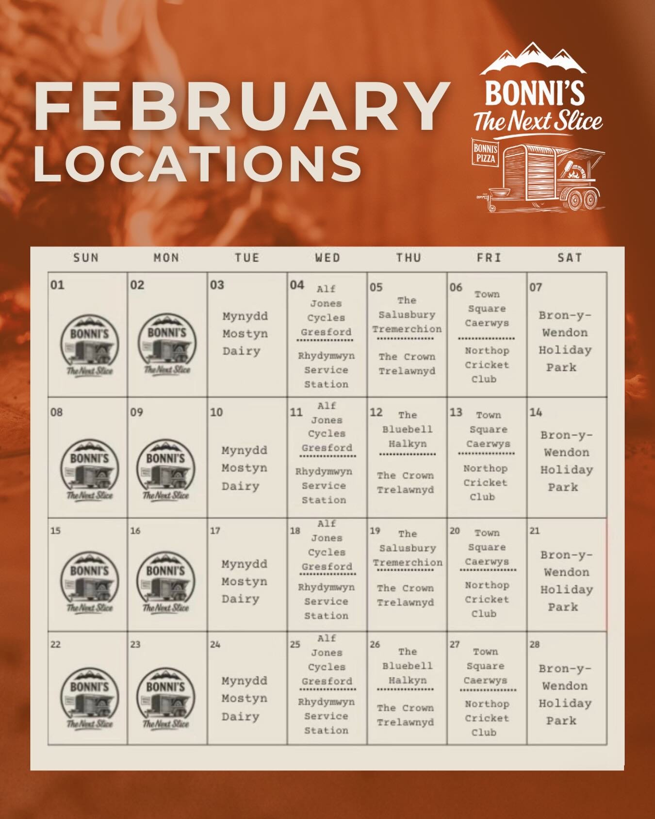 We&rsquo;re excited to announce our February locations &ndash; with a few new additions! 🍕

Alongside returning to our regular spots, we&rsquo;re delighted to be launching at The Crown in Trelawnyd, Northop Cricket Club, and Bron-y-Weldon Holiday Pa