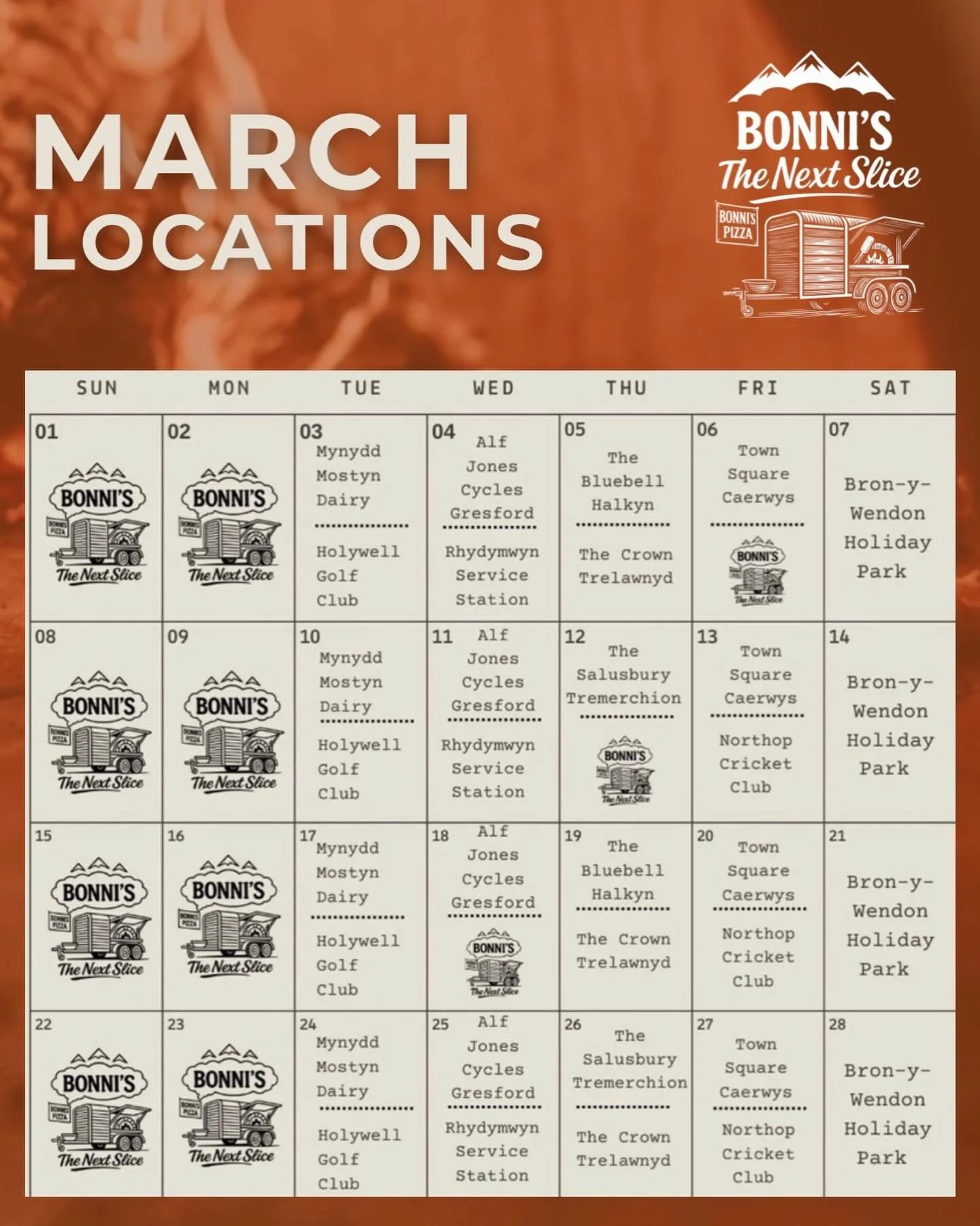 Goodbye February 👋 Hello March!

We&rsquo;re excited to share our March locations are Here and we&rsquo;re so excited to see you all.

Comment below where we&rsquo;ll catch you next!

#pizzadate🍕#pizzalovers🍕❤️❤️ #northwales #locations