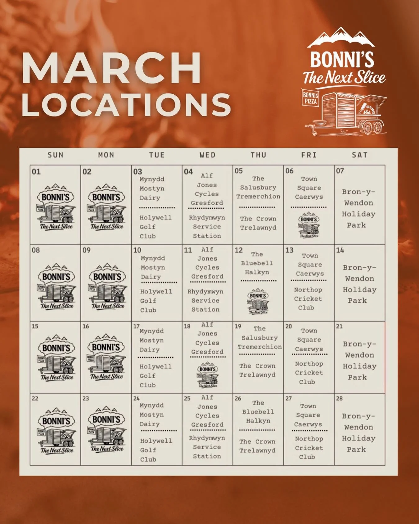 We&rsquo;ve made a few tweaks to our March calendar, so make sure you take a look! 🍕

Goodbye February 👋 Hello March!

Our March locations are now here and we can&rsquo;t wait to see you all out and about this month 🍕

Comment below where we&rsquo