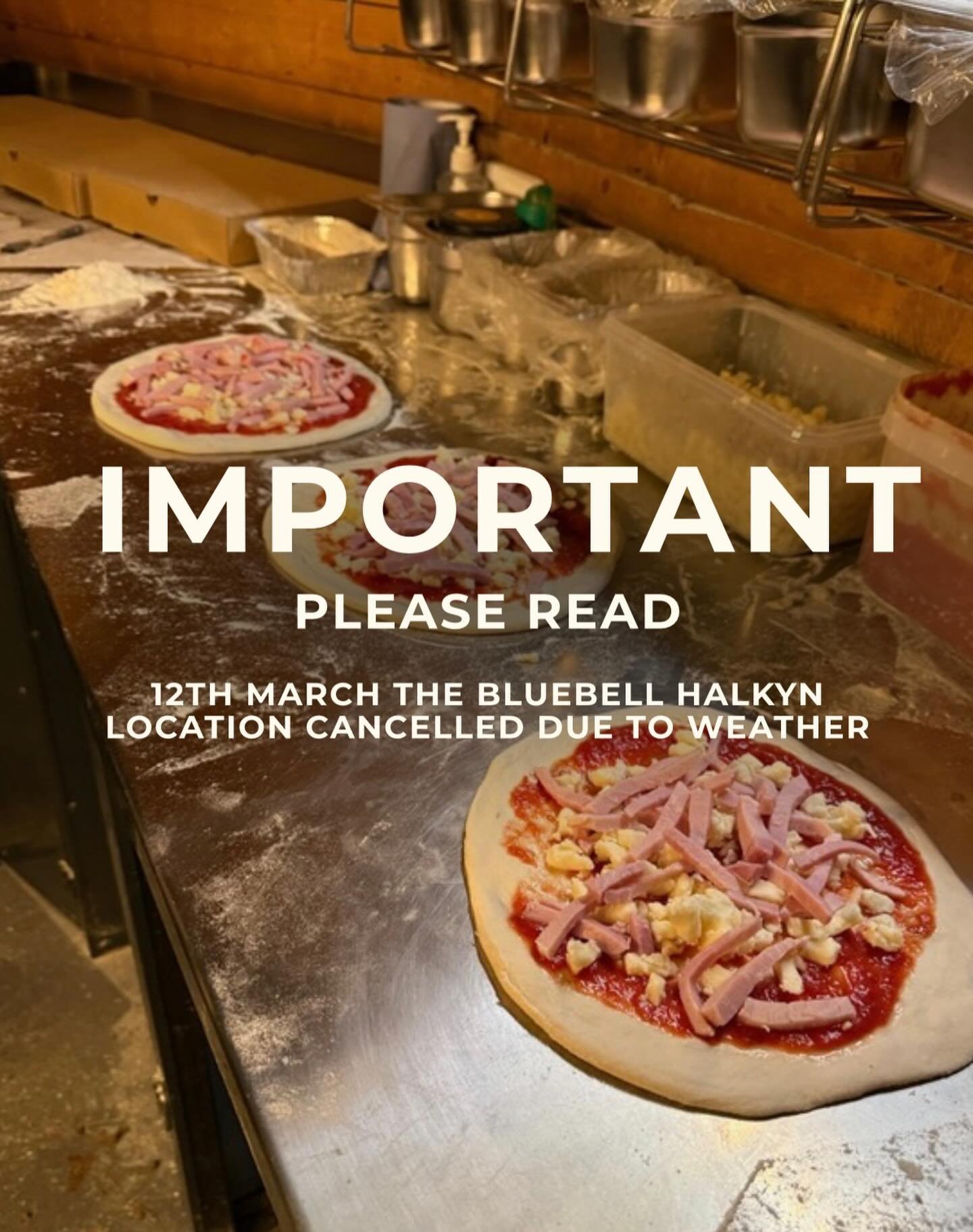 Important Notice 📍 

Due to the weather we won&rsquo;t be at The BlueBell tonight. This decision definitely wasn&rsquo;t taken lightly, we&rsquo;ve prepped all the dough and were ready to go, but with the wind and rain it just wouldn&rsquo;t be safe