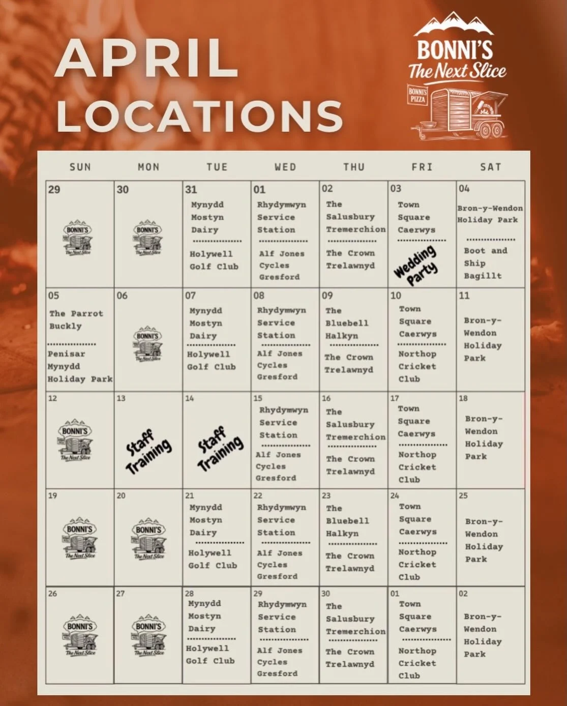 April is nearly here, and we&rsquo;re hitting the road to bring our delicious wood-fired pizzas to some amazing new locations! 🍕✨

We can&rsquo;t wait to serve up our signature pizzas in fresh spots this month. Whether you&rsquo;re craving a classic