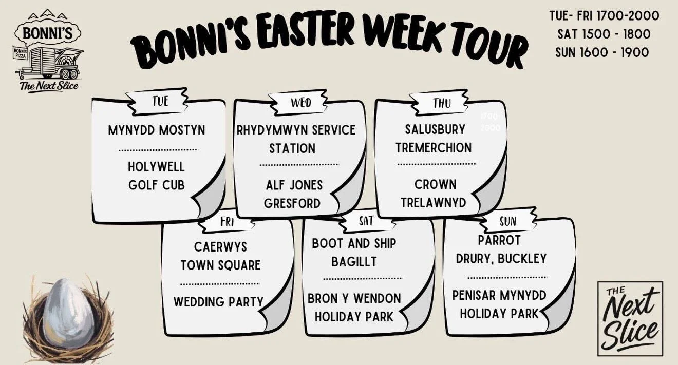 Bonni&rsquo;s Easter Week Tour is here! 🍕
Forget chocolate, this is what you really want this easter
Check where we&rsquo;ll be and come grab a slice!