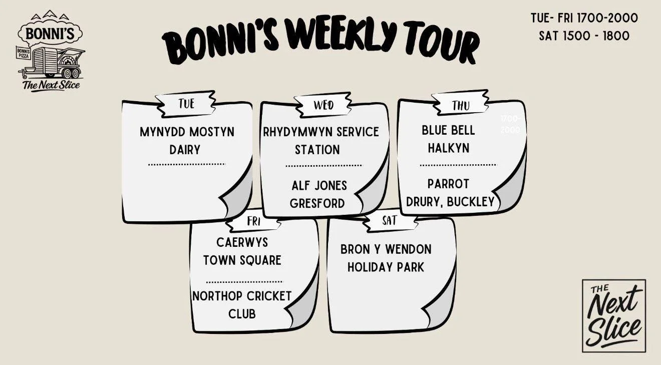 This week&rsquo;s tour is here&hellip; where are you catching us? #pizza #thisweek #bonnispizza #localbusiness #local #business