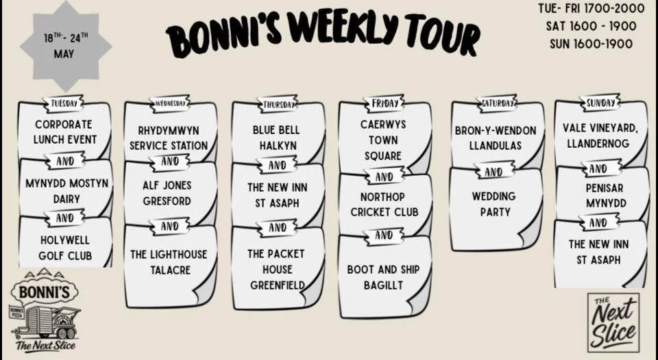 This weeks Weekly tour! 
Where are we catching you??
🍕🍕
#bonnispizza #thisweek #pizza #pizzanight #neopolitanpizza #may #whatsgoingon #localbusiness #north #wales #northwales