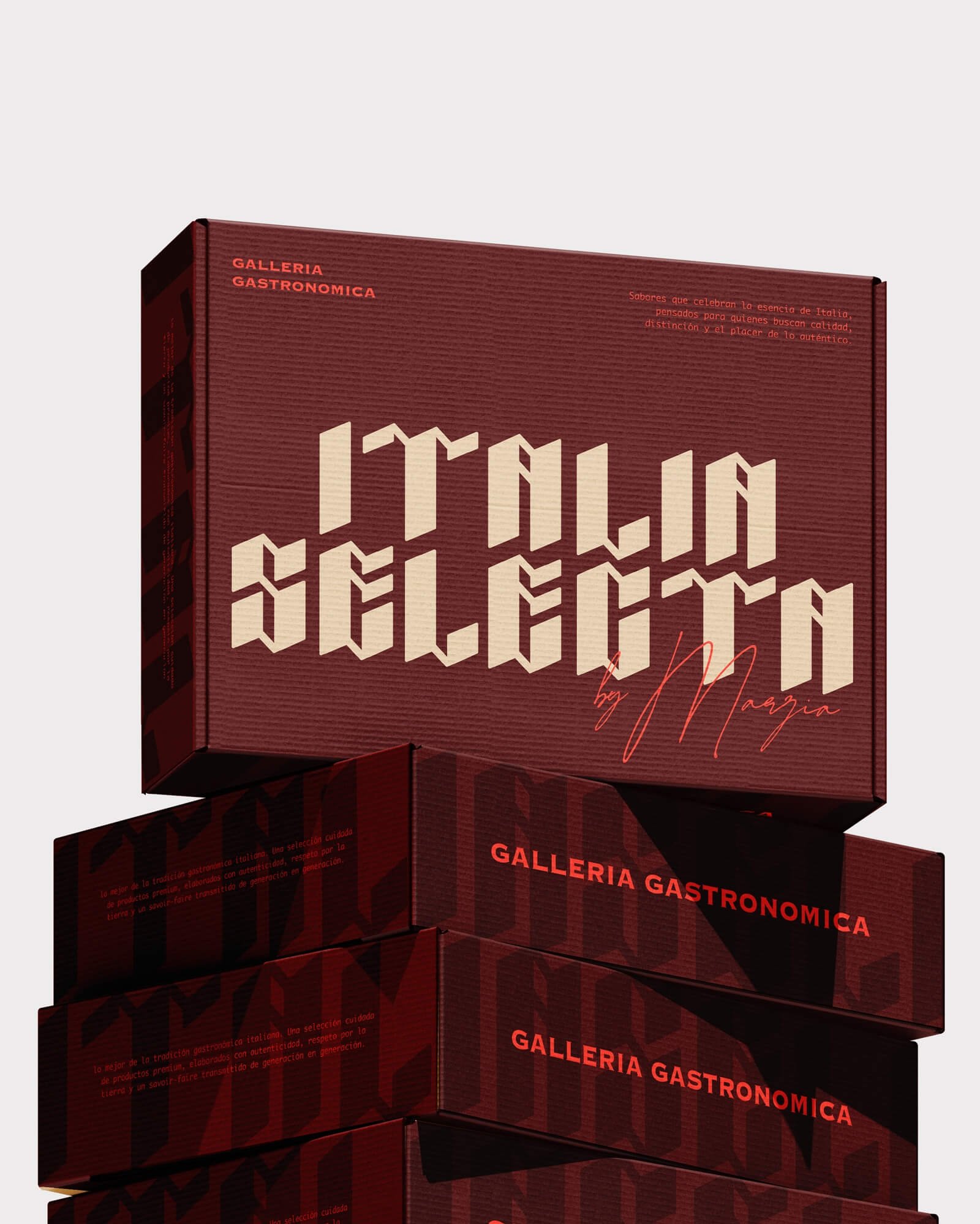 Caja del producto de la marca Italia Selecta, con la etiqueta en letras grandes, en tonos rojos y negros.