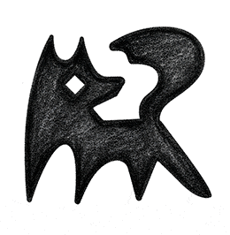 Dibujo en negro de una figura abstracta que combina elementos de un lobo, con orejas puntiagudas, cola curva, con un espacio en forma de diamante en su ojo.