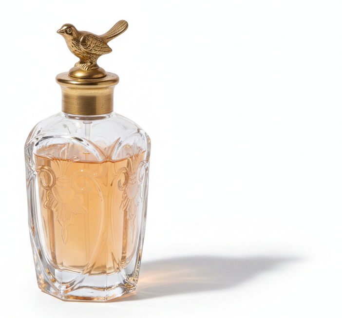 Frasco de perfume de vidrio con líquido rosa, tapa dorada con figura de pájaro.