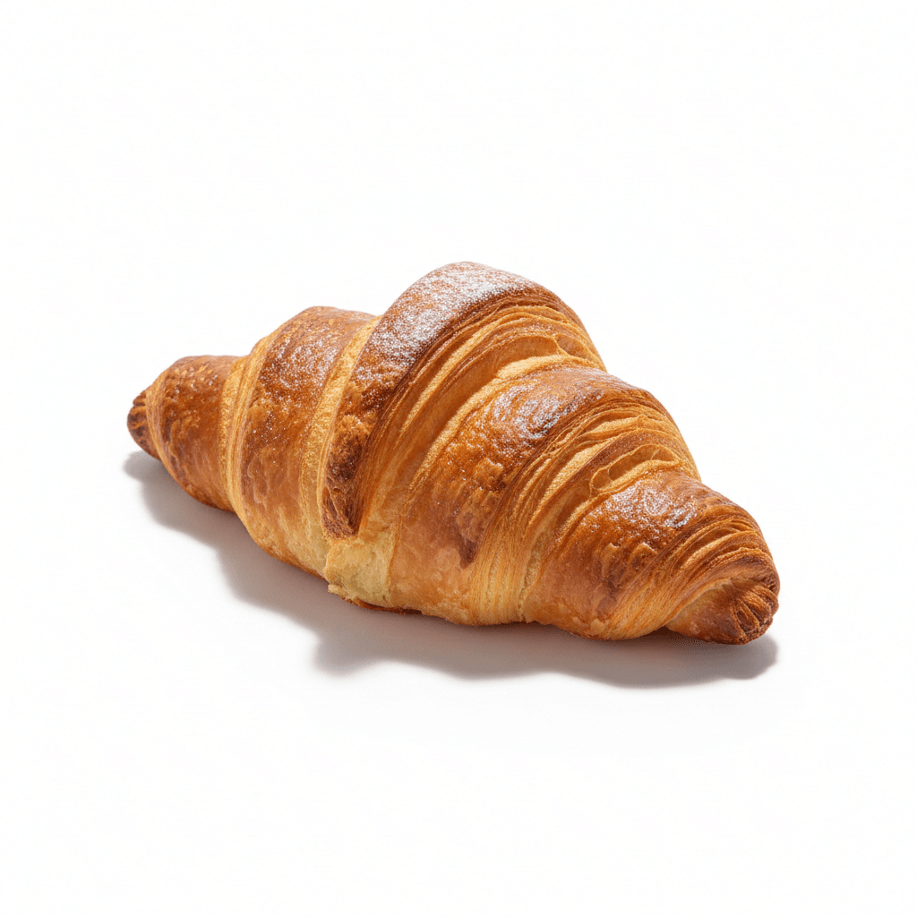 Un croissant dorado y crujiente sobre fondo blanco.