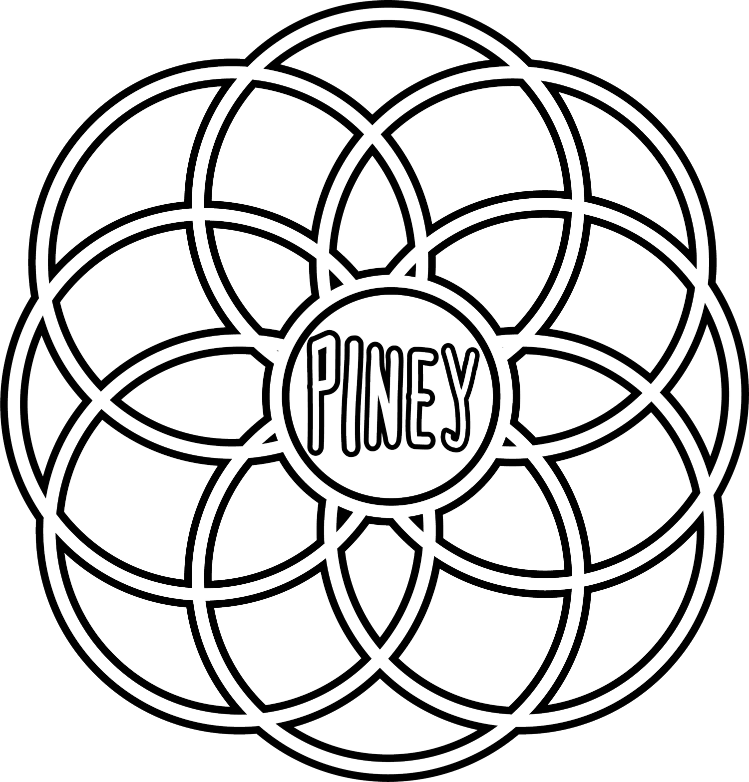 A black and white coloring page of a mandala pattern with the word 'PINEY' in the center.