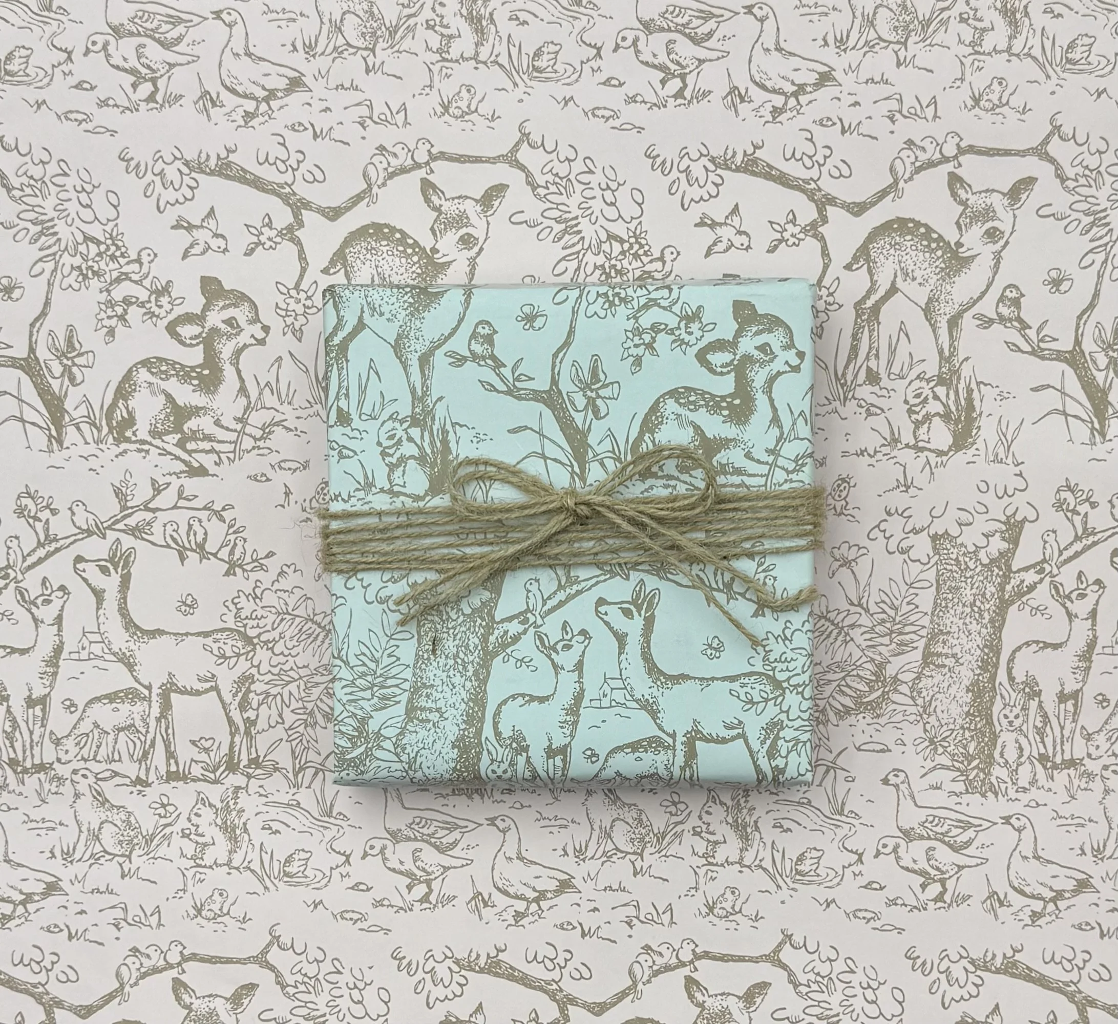 A wrapped gift with deer and forest animal illustrations on wrapping paper, tied with a piece of twine, placed on a background with a matching woodland animal pattern.
