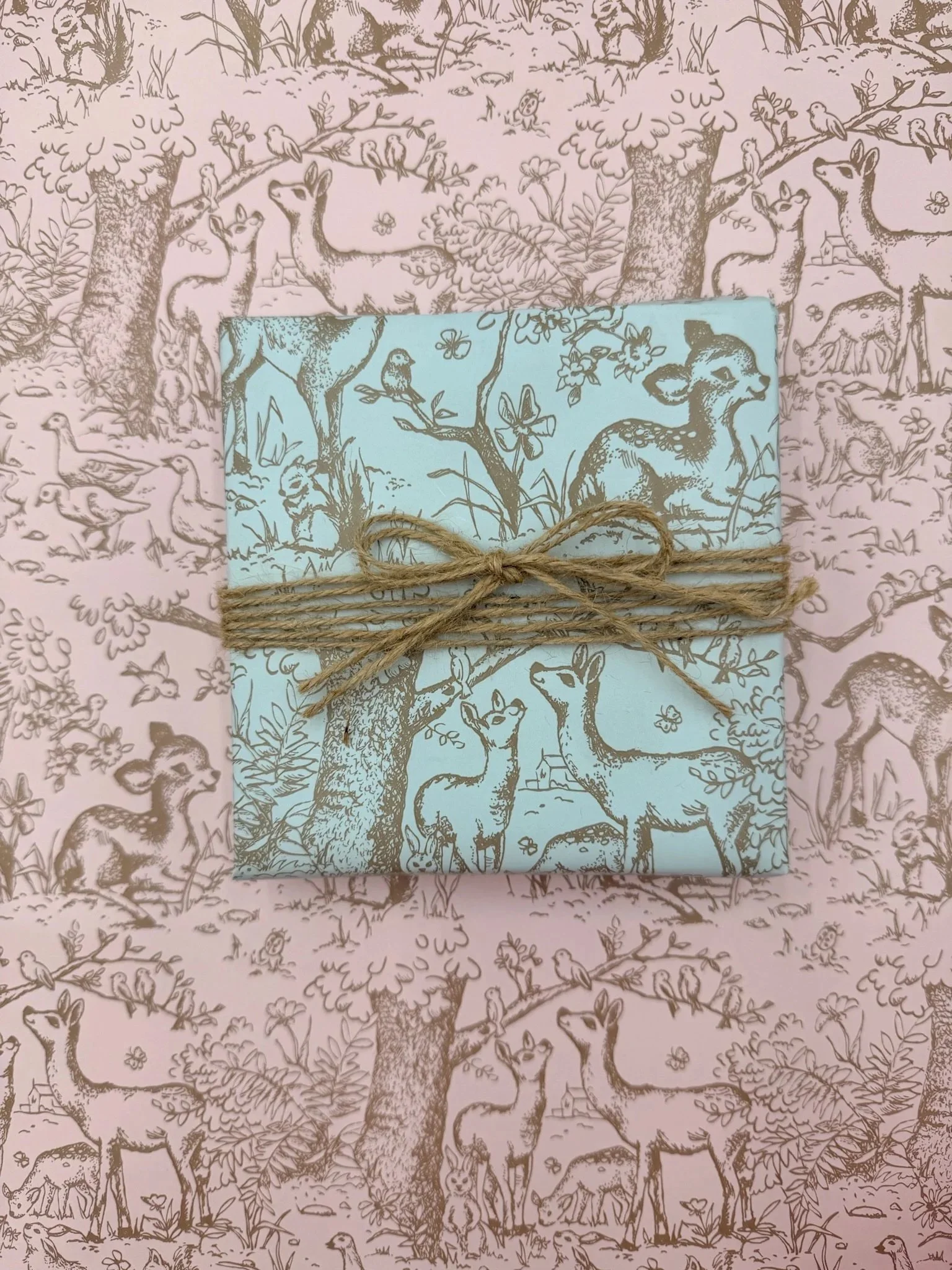 A gift wrapped with paper featuring a nature scene with deer, birds, and trees, tied with a twine bow. The wrapping paper has a blue and pink color scheme with black line drawings of woodland animals and foliage.