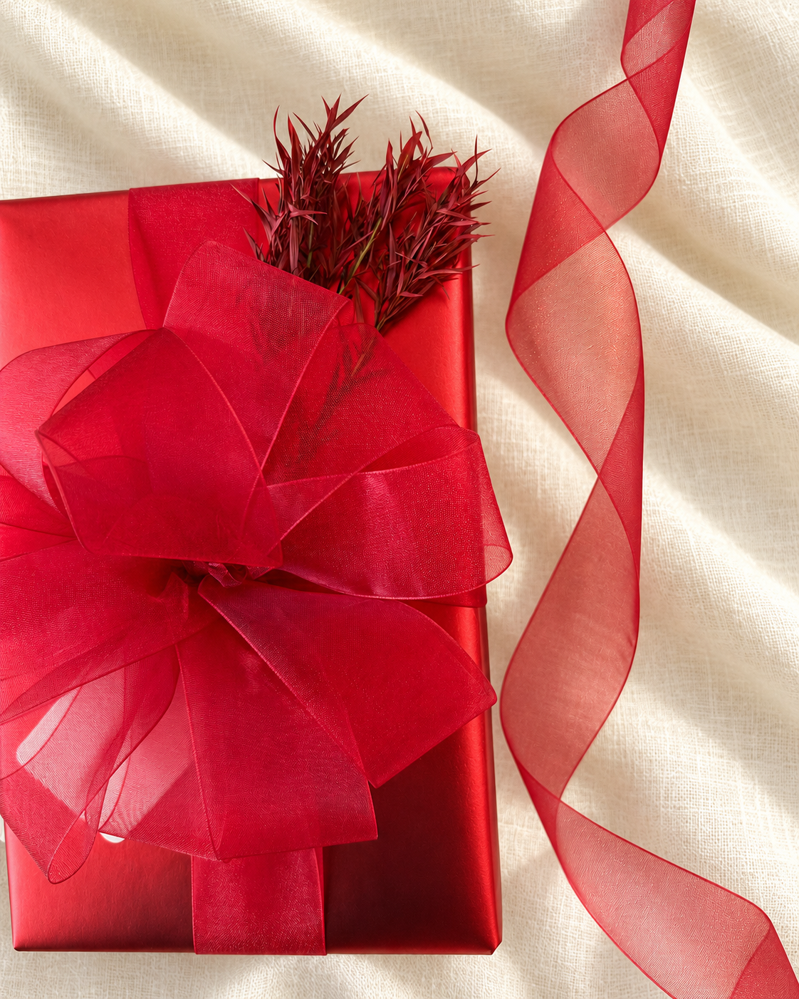 Close-up of red gift wrap with a red bow and red sprig.