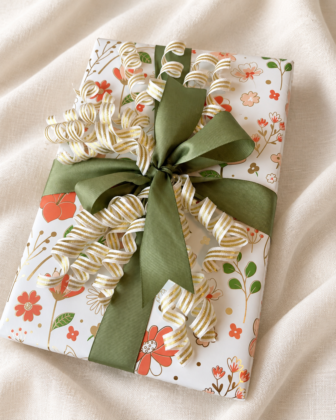 Floral gift with a green bow and curled cream ribbon.