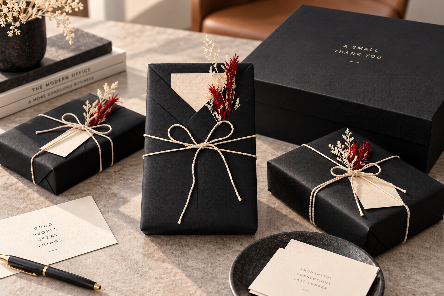 Corporate gifts wrapped in black paper with cream twine, dried florals, and printed cards
