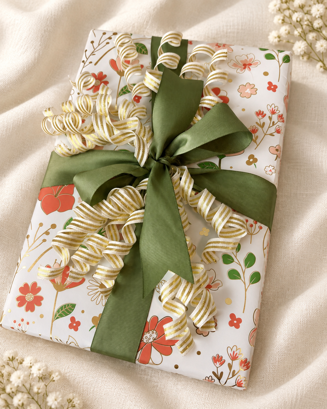 Floral gift with a green bow and curled cream ribbon beside small white flowers.