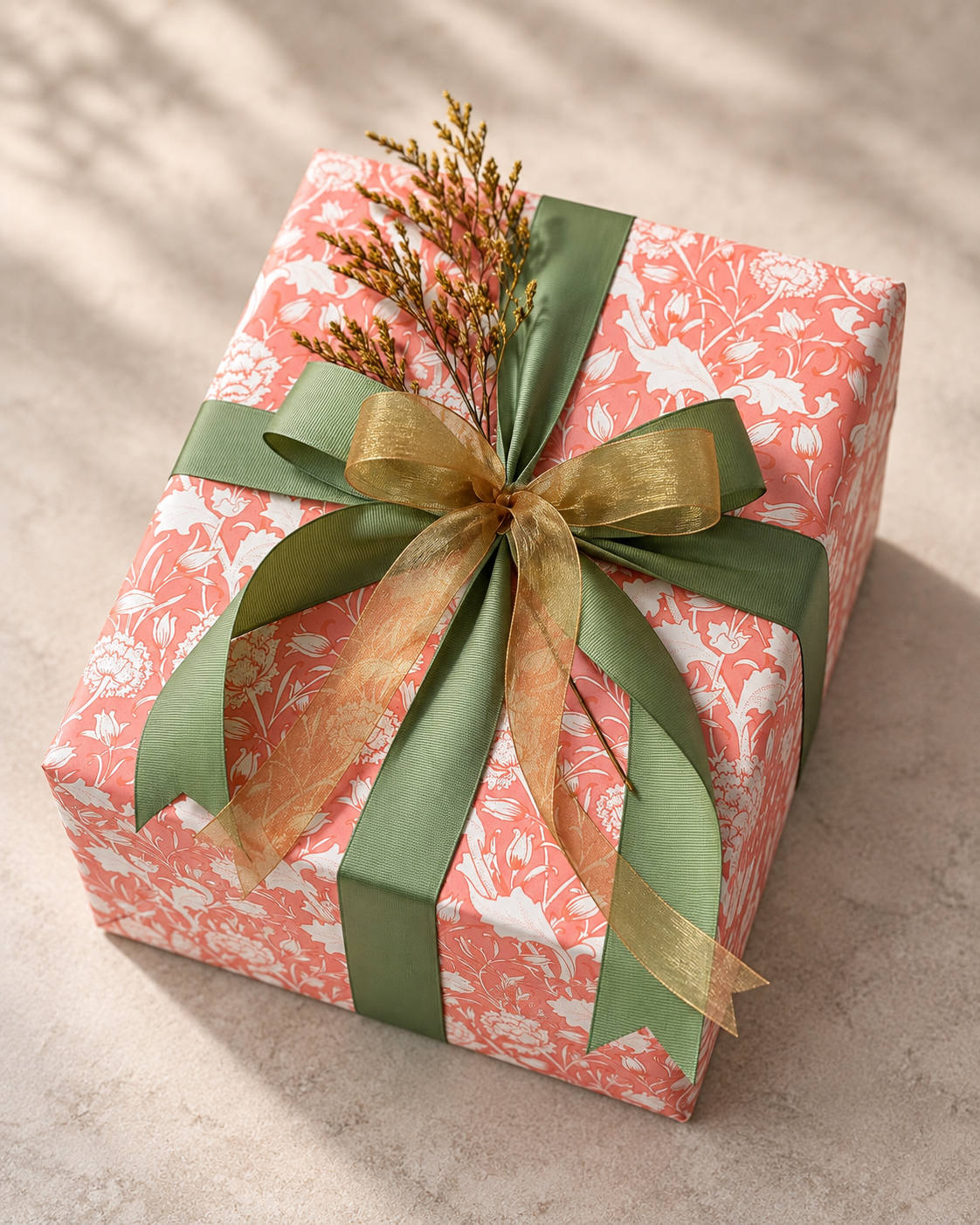 Coral floral gift wrap with layered green and gold bows and a dried sprig.