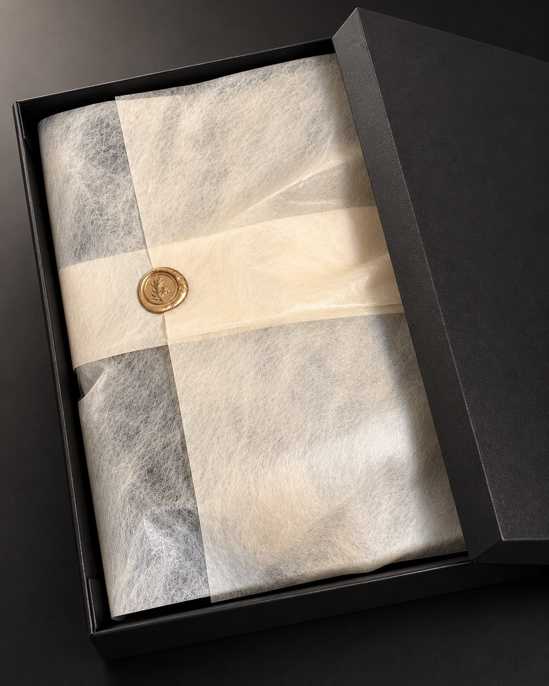 Black gift box lined with tissue, a cream paper band, and a gold seal.