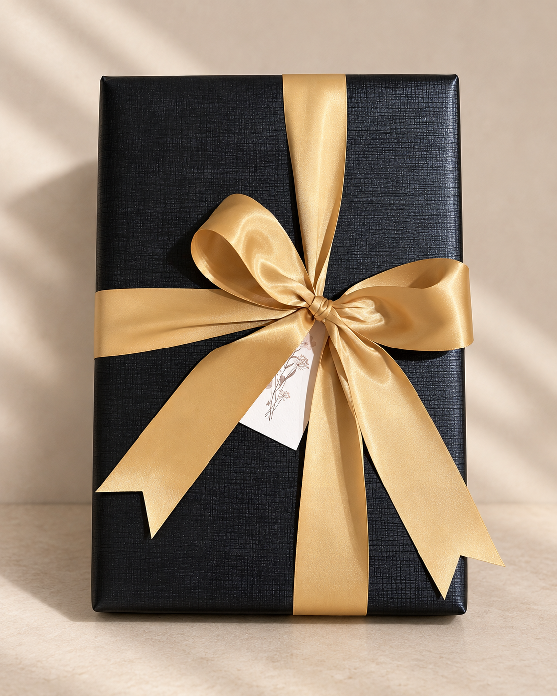 Black wrapped gift with a gold bow and a white gift tag.