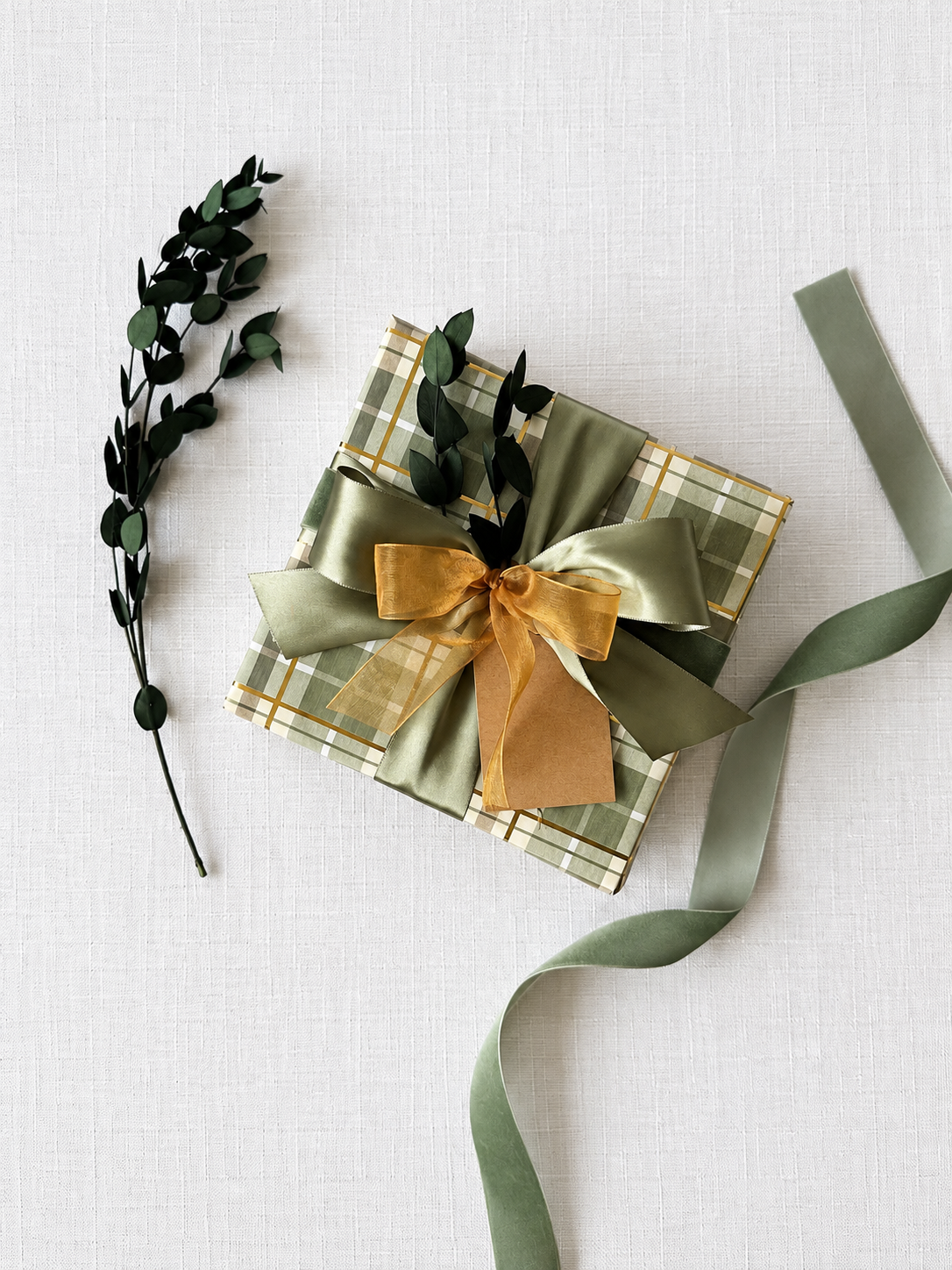 Green plaid gift with layered green and gold ribbon beside a leafy sprig.