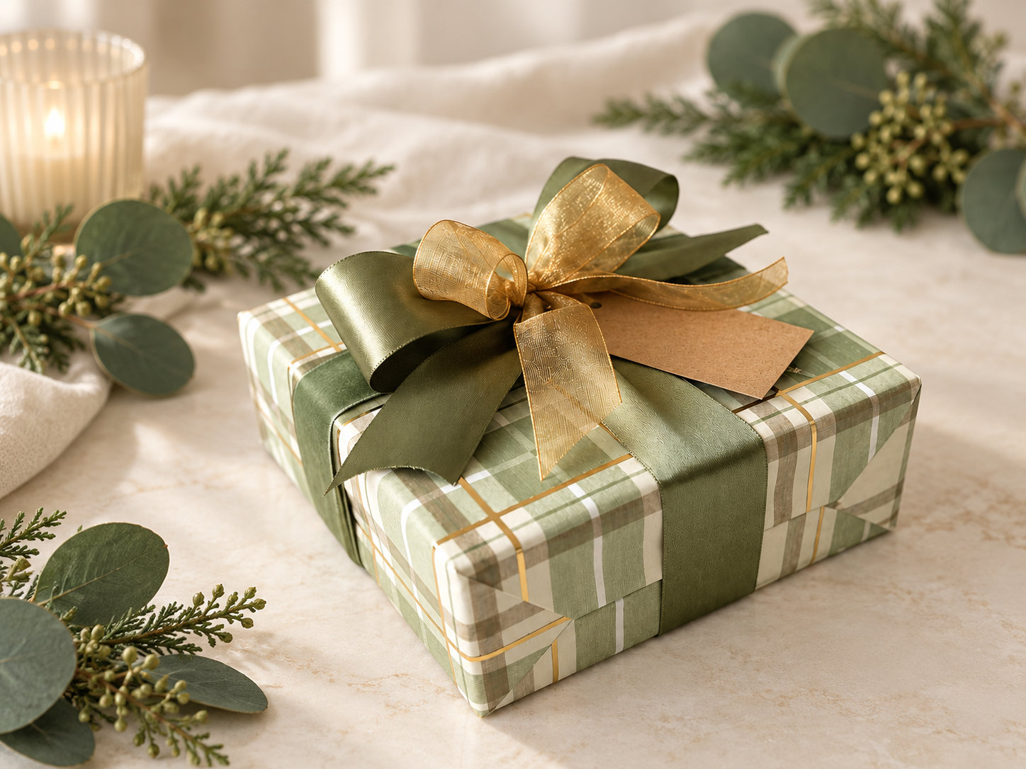 Gift wrapped in green plaid paper with a gold ribbon