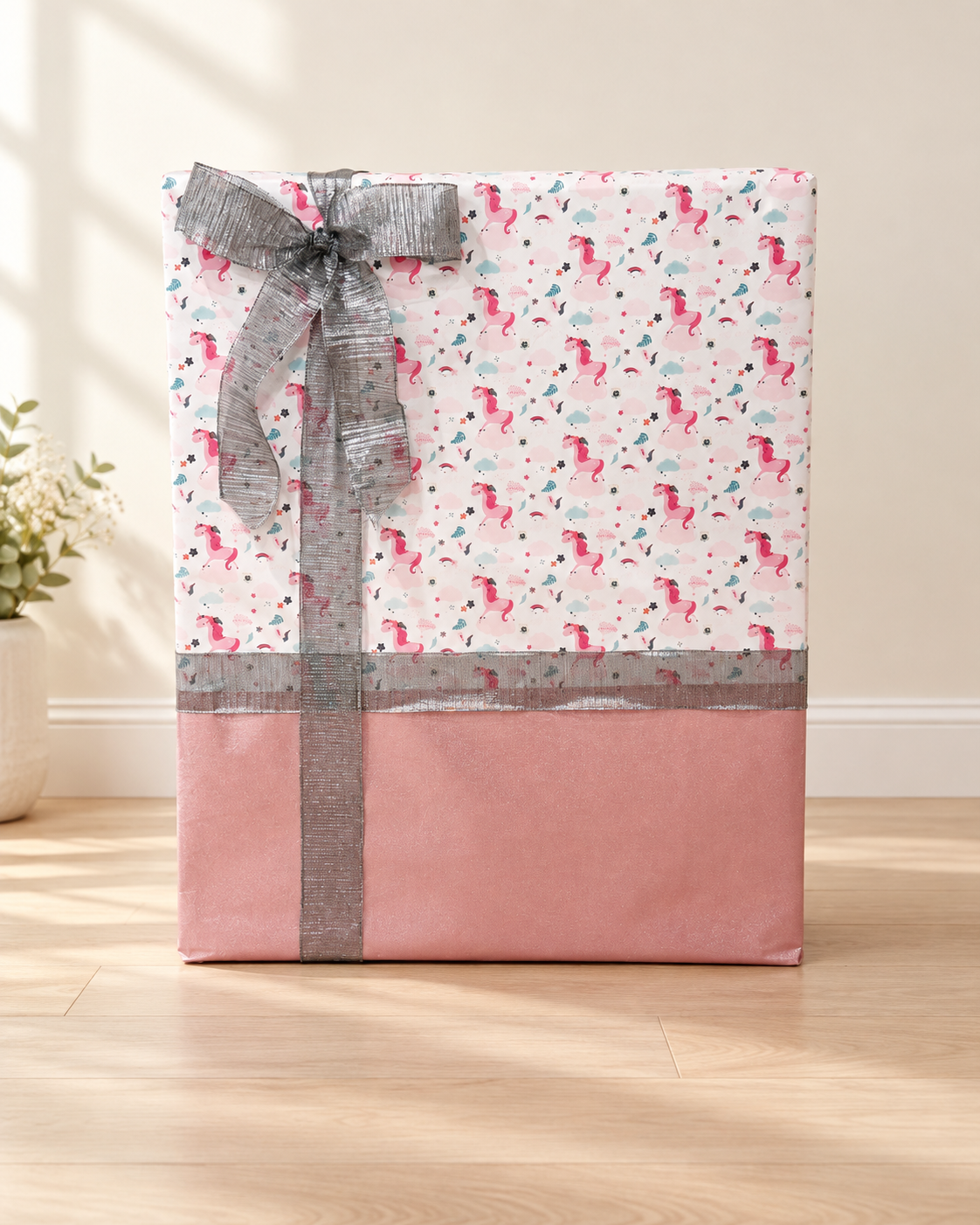 Pink and silver patterned gift wrap with a silver ribbon bow.