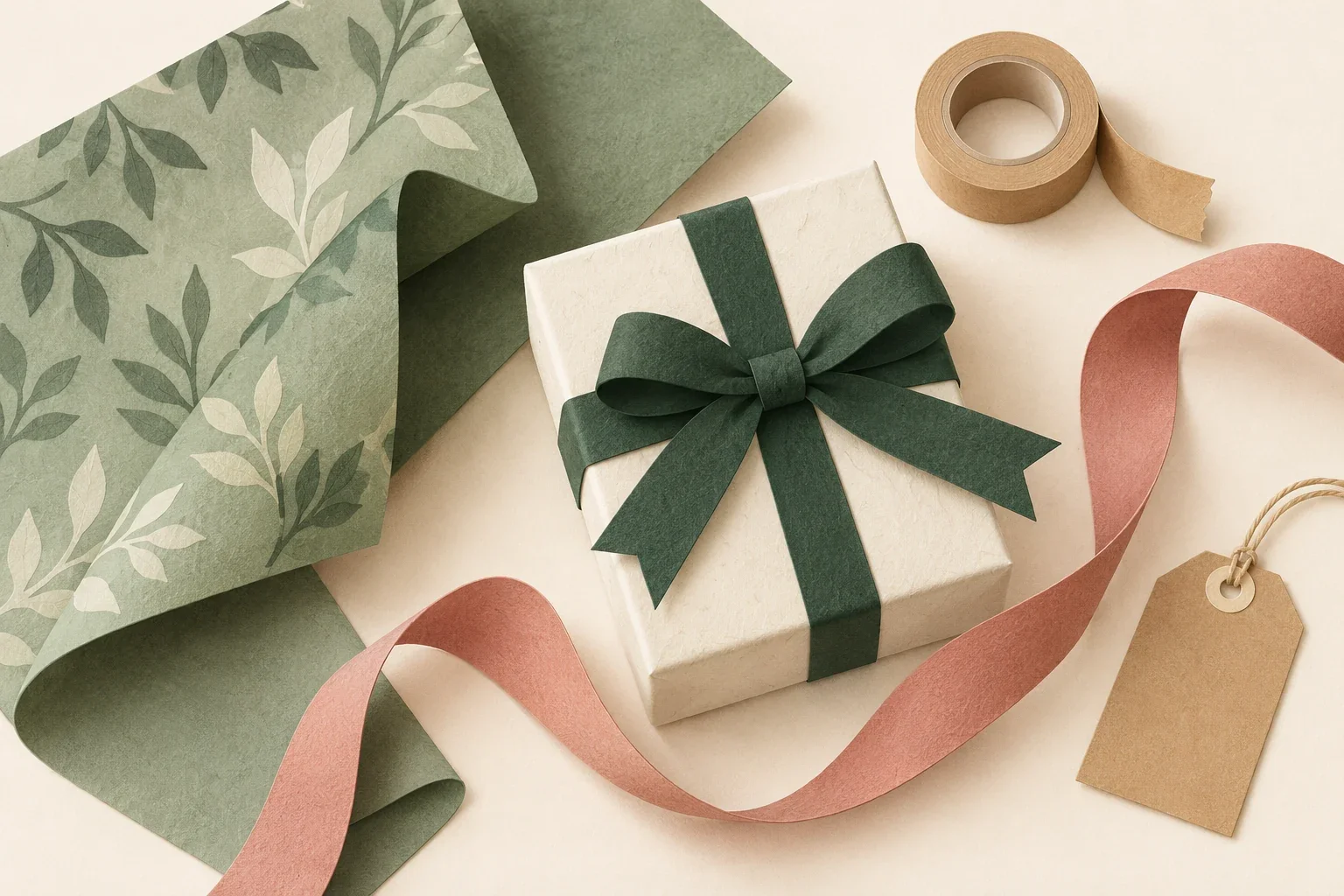 Paper collage illustration of a cream gift box with a green bow, sage wrapping paper, pink ribbon, tape, and a blank gift tag.