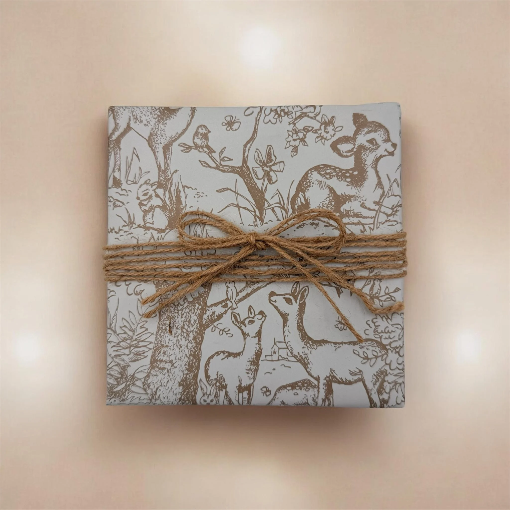 A wrapped gift box with a nature-themed illustration of deer, a bird, and trees on white paper, tied with a brown twine bow.