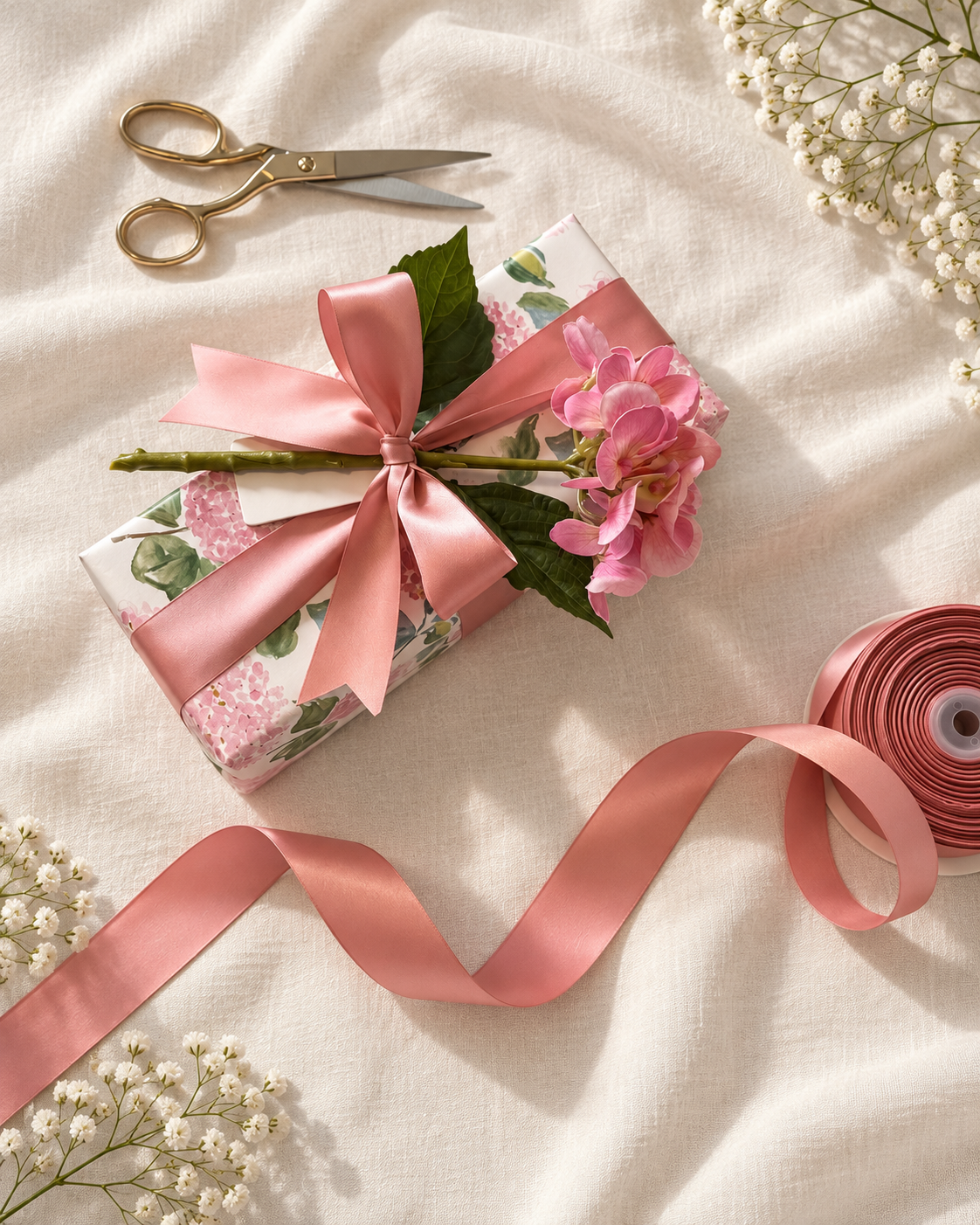 Pink floral gift with a pink bow beside scissors, ribbon, and flowers.