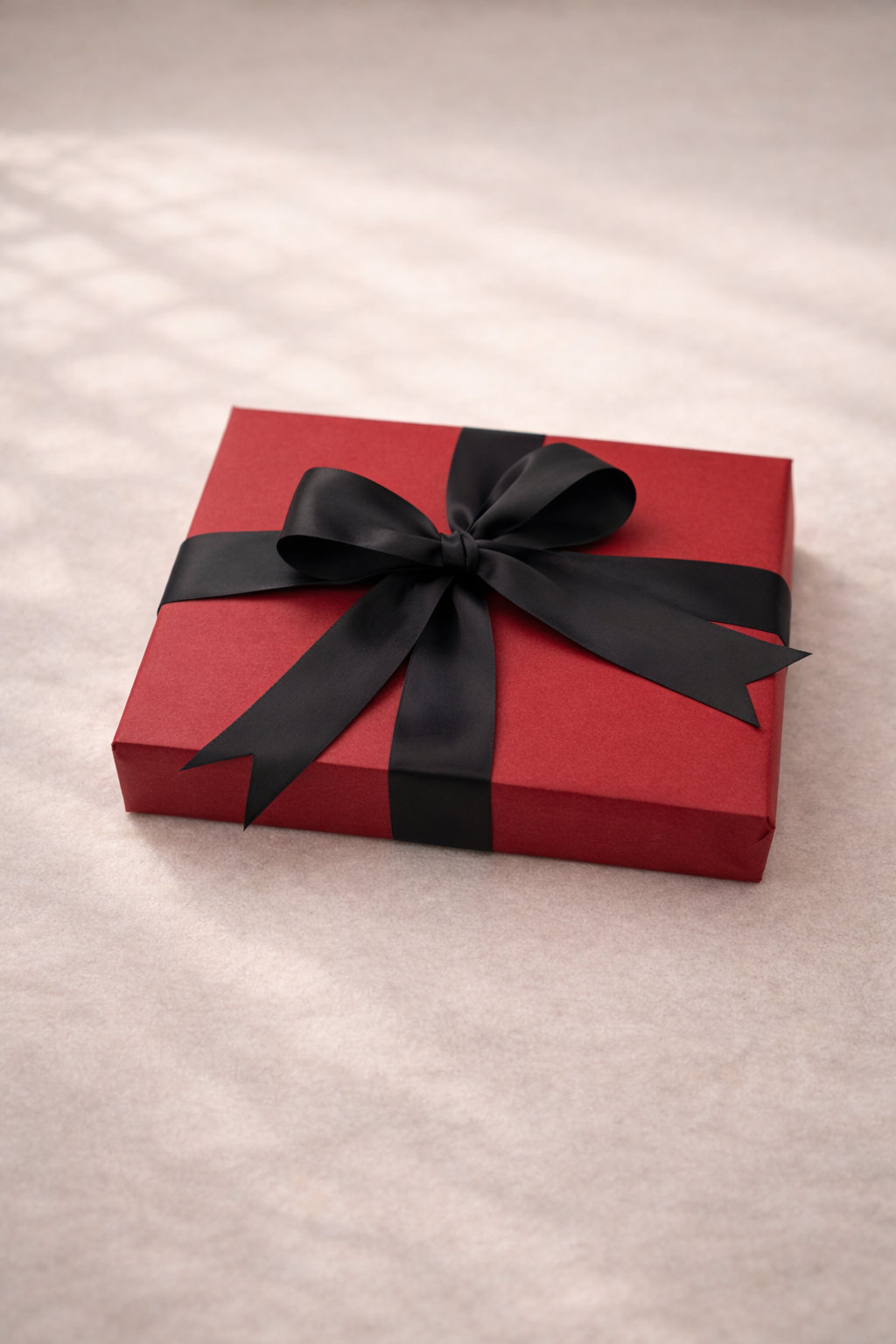 A red gift box wrapped with a black satin ribbon tied in a bow, placed on a light-colored surface.