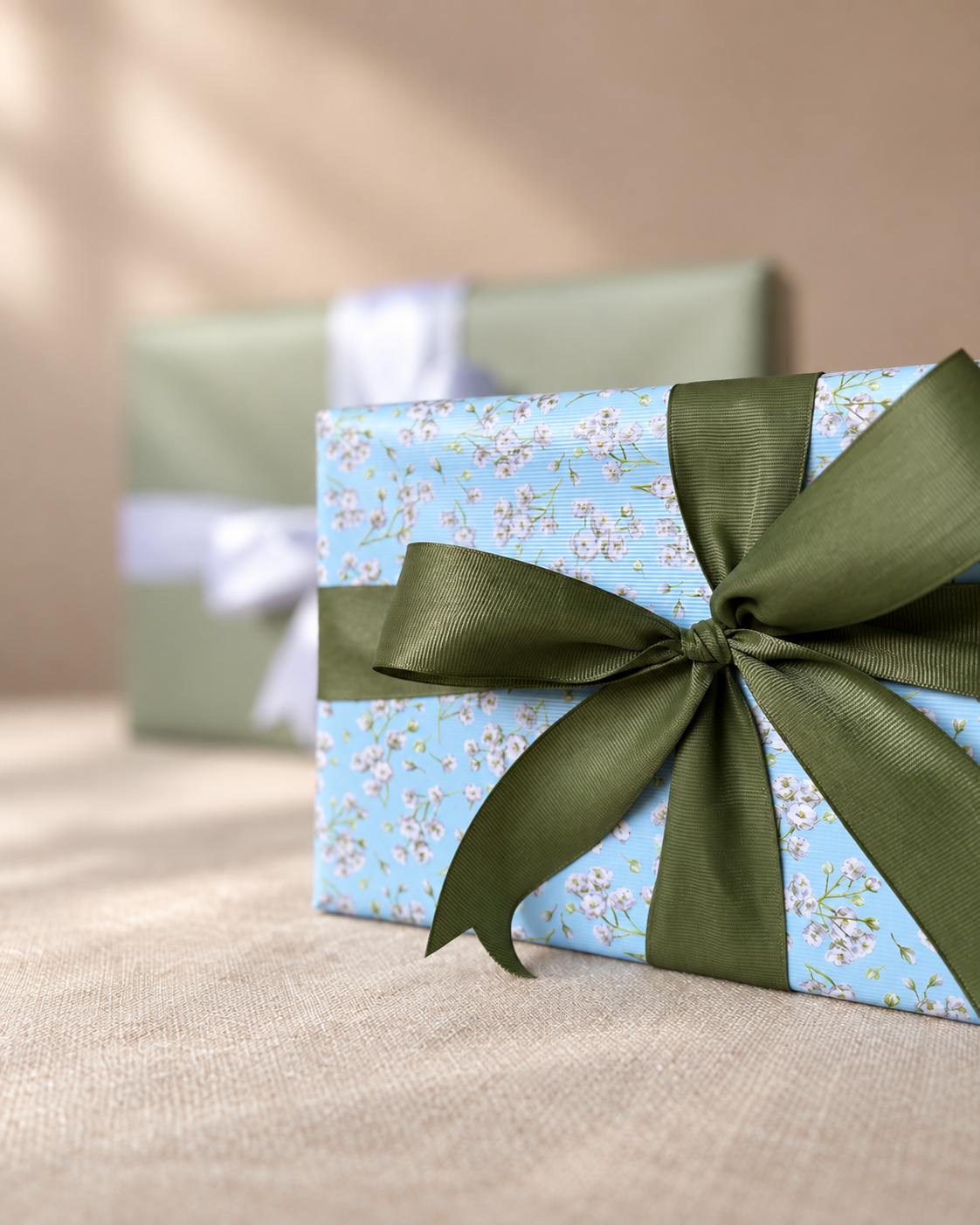Close-up of a pale blue floral gift with a green bow.