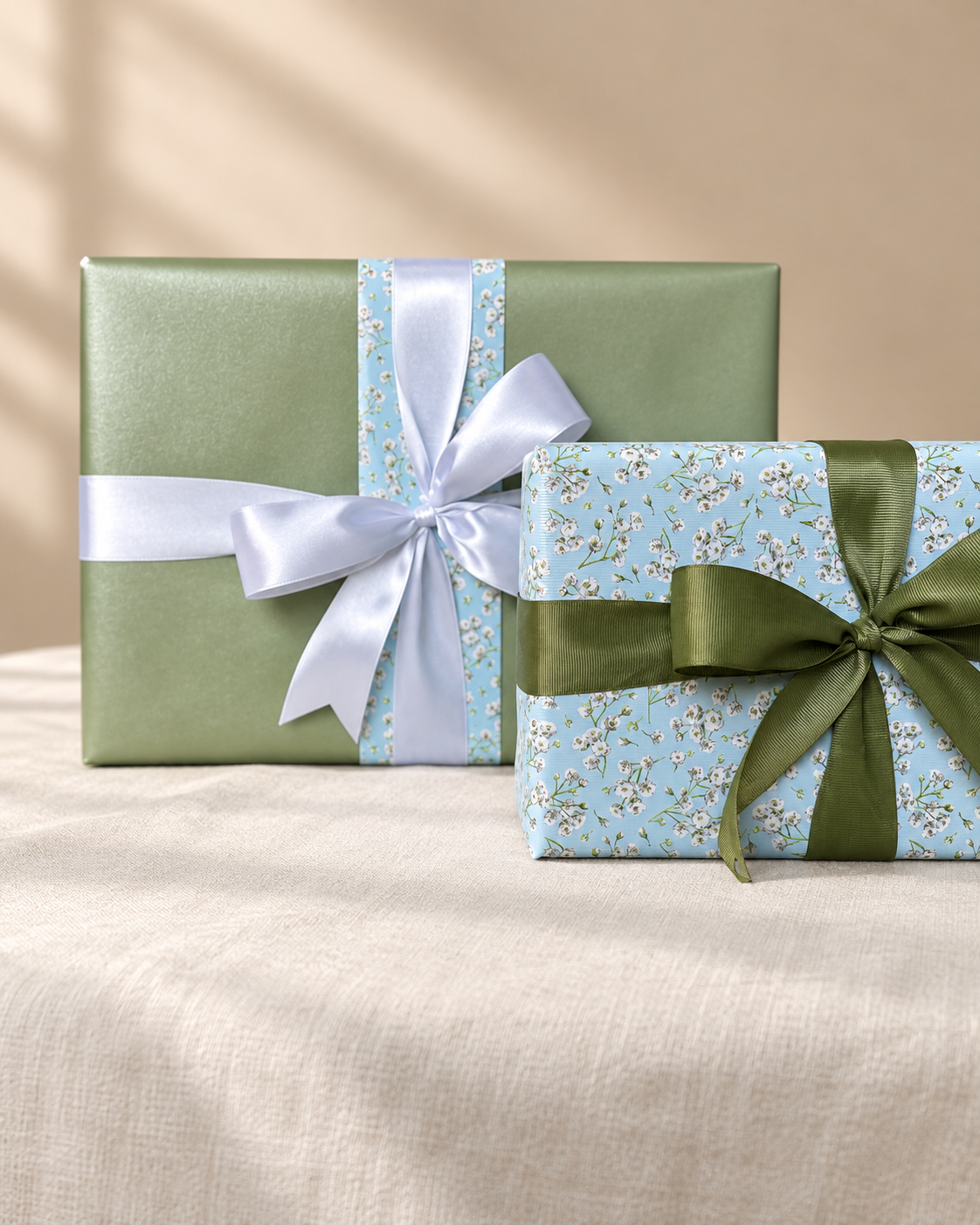 Sage green and pale blue floral gifts with white and green bows.