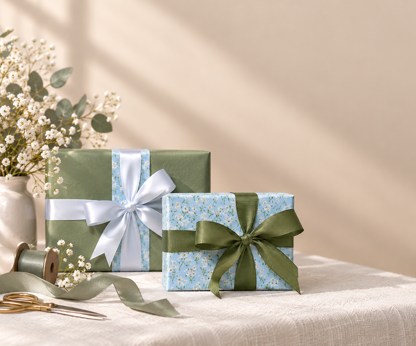 Two gifts wrapped in sage and blue floral paper with satin bows
