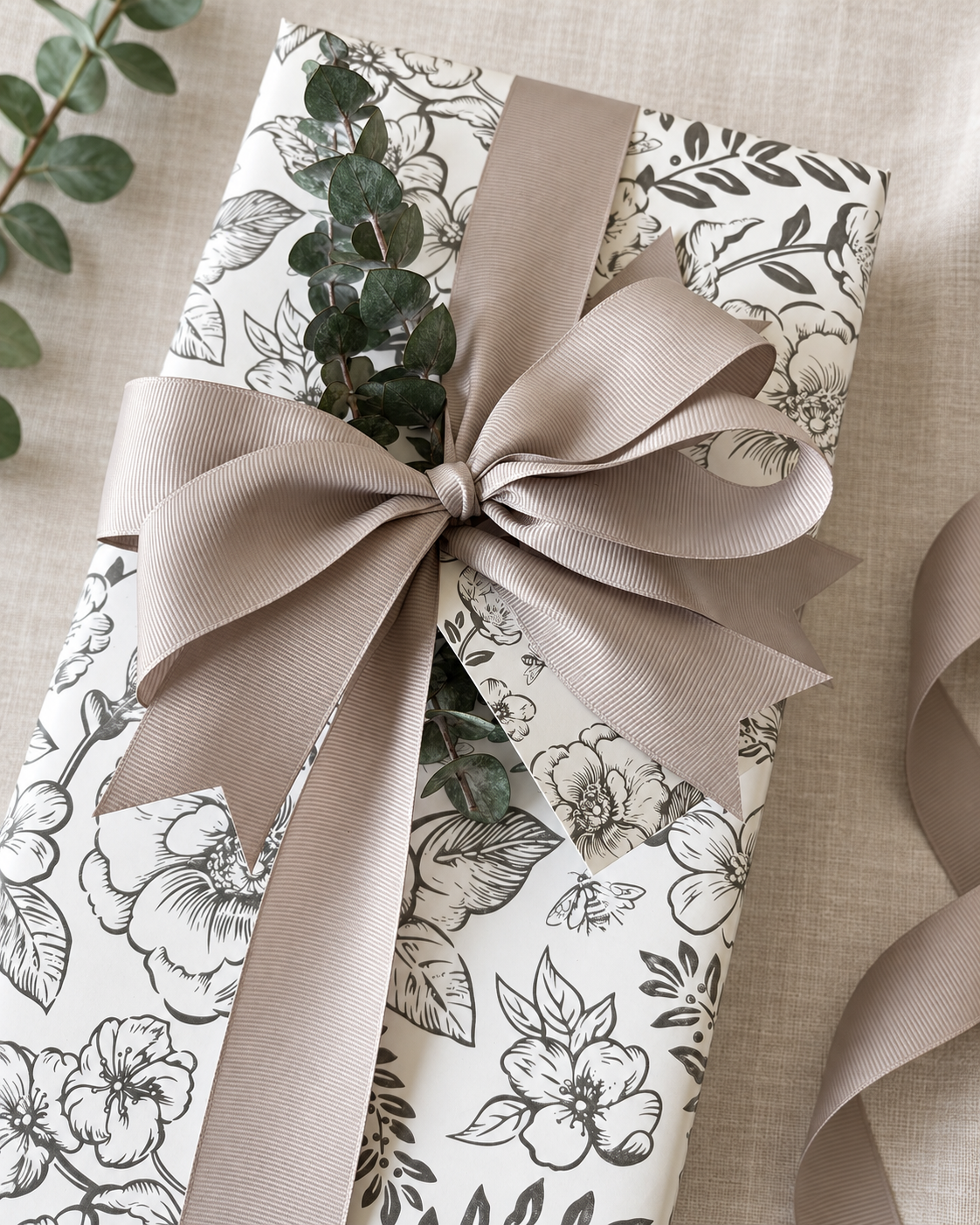 Botanical gift wrap with a taupe bow and a leafy sprig, viewed from above.