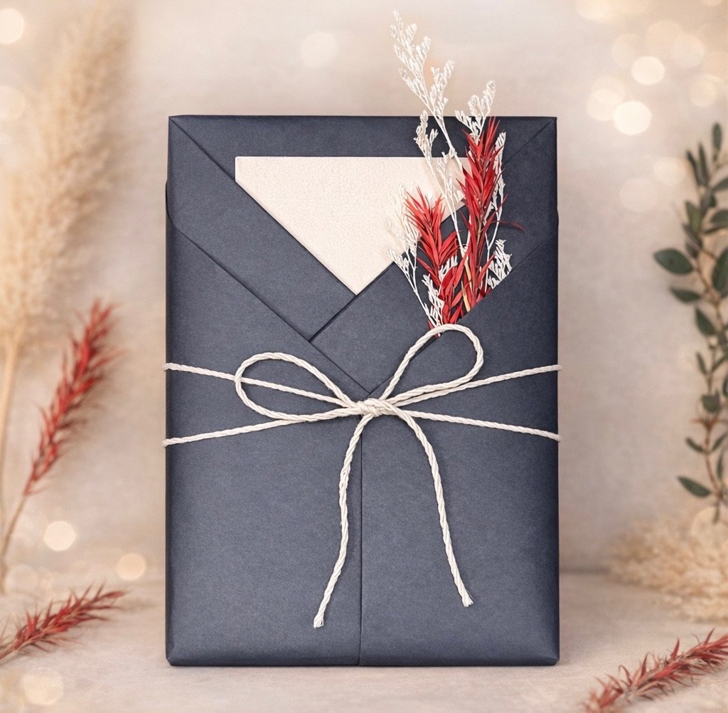 Wrapped gift in dark blue paper with a white string tied in a bow, partially open to reveal a white envelope with red and white decorative paper inside, surrounded by beige and red decorative plants.